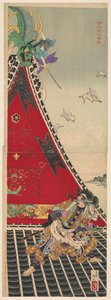 Kampf auf dem Dach zwischen den beiden Rivalen Genpachi und Shino auf dem Hóryúkaku von Tsukioka Yoshitoshi