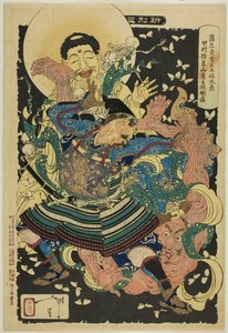 Gamo Sadahides Diener, Toki Motosada, wirft einen Dämonenkönig zu Boden am Berg Inahana, aus der Serie "Neue Formen von Sechsunddreißig Geistern (Shinkei sanjuroku kaisen)"