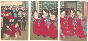 Illustration von Hofdamen, die an einer Station einsteigen von Tsukioka Yoshitoshi