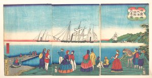 Illustration eines großen französischen Hafens, der mit vielen Nationen Handel treibt von Tsukioka Yoshitoshi