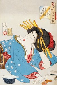 Moment der Entspannung, Gesicht einer Geisha aus der Kansei-Periode in Kyoto, Illustration von Tsukioka Yoshitoshi aus Dreißig Aspekte von Sitten und Gebräuchen, Oban-tate-e Holzschnitt, japanische Zivilisation von Tsukioka Yoshitoshi