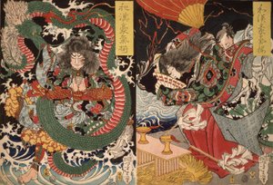 Tawaraya Tda und ein Drache und Ono no Komachi beten um Regen aus der Serie Tapferkeit in China und Japan, 1868