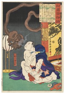 Der Ringer Onogawa Kisaburō bläst Rauch auf ein einäugiges Monster von Tsukioka Yoshitoshi