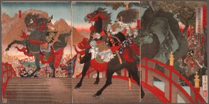 Zhang Fei auf der langen geneigten Brücke, der eine Million Wei-Truppen mit einem mächtigen Blick abwehrt von Tsukioka Yoshitoshi