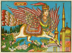 Al-Bourak (Al Bourak) (Buraq, Bouraq, Burak), Pferd mit Frauenkopf und Pfauenschwanz, auf dem Muhammad, geführt vom Erzengel Gabriel, nachts von Mekka nach Al-Aksa reiste