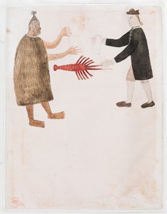 Add MS 15508 [Zeichnung Nr. 12] Ein Maori handelt mit einem englischen Marineoffizier einen Flusskrebs, 
