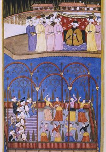 Tänzer und Musiker vor dem Sultan und seinem Hof, aus Sur-Nama