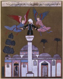 Jesus Christus von zwei Engeln vom Minarett der Moschee in Damaskus getragen, aus Zubdet ut Tevarih von Lokman, 1583