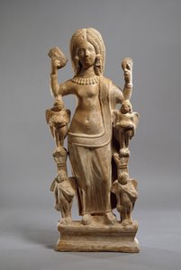 Terrakotta-Statuette der Venus oder einer jungen Frau als Venus an ihrer Toilette, ca. 200-230