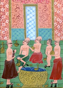 Ansicht in einem Männer-Hamam (Aquarell und Goldpulver auf Papier)
