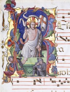 Sehr großer historisierter Buchstabe "A", der die Auferstehung zeigt, ca. 1400-1450 von Tuscan School