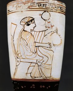 Lekythos, Ölgefäß, das eine Frau beim Kranzweben darstellt (5. Jahrhundert v. Chr.)