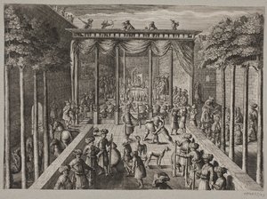 Bankett in einem orientalischen Garten. Im Vordergrund Schützen und Männer im Ringkampf von Ubekendt