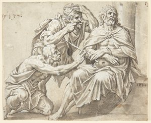 Der sitzende, dornengekrönte Christus wird von zwei Schergen verspottet, einer stehend, der andere kniend links von Ubekendt