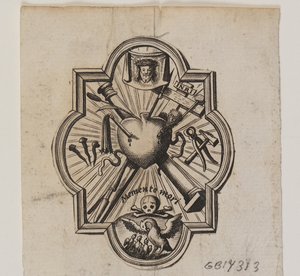 Emblem mit einem durchbohrten Herzen und den Leidenswerkzeugen