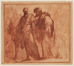 Vier gehende Männer, einer möglicherweise Moses, und Putti von Ubekendt