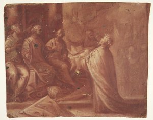 Jesus überreicht einer Frau auf einem Thron eine Mitra, umgeben von zwei Frauen (Allegorie) von Ubekendt