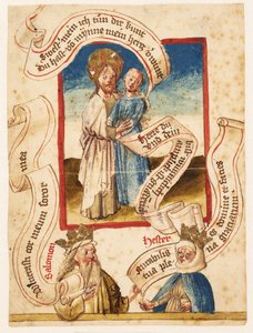 Christus umarmt eine Frau (personifiziert die Gläubigen?) Unten "Salomon" und "Hester"