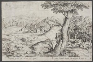 Landschaft mit einer Stadt und einem schlafenden Hirten