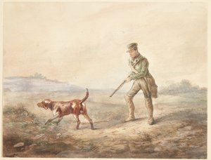 Landschaft mit einem Jäger und seinem Hund von Ubekendt