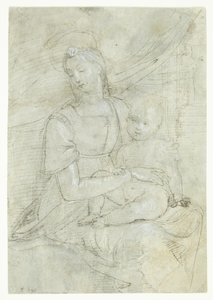 Maria mit dem Jesuskind, sitzend vor einem Vorhang. Im Hintergrund in einer Türöffnung ein Mann