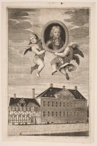 Medaillon mit Porträt eines Jungen der Plessenske Familie. Im Hintergrund ein Fachwerkhaus und ein Palais