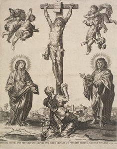 Christus am Kreuz, mit der Jungfrau, Maria Magdalena und St. Johannes und vier Engeln von Ubekendt KKSgb5444