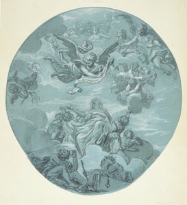Eine weibliche Heilige auf Wolken, umgeben von Putti, über ihr Engel, die ein Schriftband mit der Aufschrift: Beati pauperes spiritu halten