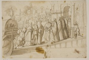 König Heinrich III., Doge Alvise Mocenigo und Kardinal San Sisto werden vom venezianischen Patriarchen Giovanni Trevisan auf dem Lido in Venedig empfangen von Ubekendt Ubekendt