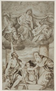 Die Jungfrau und das Kind unter Engeln in den Wolken mit den Heiligen Johannes dem Täufer und Hieronymus, nach Paolo Veroneses Gemälde ehemals in S. Francesco della Vigna, Venedig