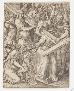 Christus trägt das Kreuz und das Wunder des Veronikatuchs von Ubekendt efter Dirck Volckertsz. Coornhert efter Maarten van Heemskerck