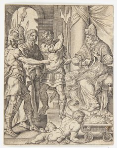 Christus vor dem Hohepriester Annas von Ubekendt efter Dirck Volckertsz. Coornhert efter Maarten van Heemskerck