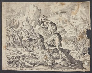 Abner präsentiert David Goliaths Kopf für Saul von Ubekendt efter Maarten van Heemskerck