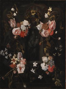 Steinkartusche mit Jungfrau Maria und dem Christkind in einer Nische, umgeben von einem Blumenkranz