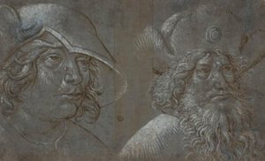 Zwei Männerköpfe im Dreiviertelprofil nach rechts, beide mit auffälligen Hüten. von Ubekendt tysk nederlandsk ca. 1500