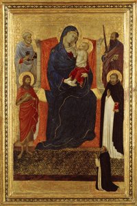 Maria mit Kind auf dem Thron mit den Heiligen Petrus, Paulus, Johannes der Täufer, Dominikus und einem Stifter, 1325-35 von Ugolino di Nerio