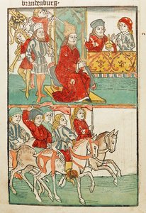 Belehnung des Burggrafen von Nürnberg, Friedrich von Hohenzollern, mit der Mark Brandenburg durch Kaiser Sigismund von Ulrich von Richental