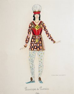 Kostüm für den Prinzen von Persien aus Turandot von Giacomo Puccini, Skizze von Umberto Brunelleschi für die erste Aufführung der Oper im Teatro alla Scala in Mailand, 25. April