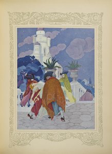 Vier maskierte Männer trugen sie auf die Spitze des Turms, Illustration aus 