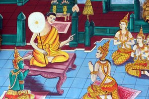 20151029, Vientiane, Laos: Wat Inpeng buddhistischer Tempel. Malerei, die die Lebensgeschichte von Shakyamuni Buddha darstellt