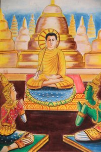 20151102, Vang Vieng, Laos: Gemälde, das die Lebensgeschichte von Shakyamuni Buddha darstellt. Der Buddha widmete sich dem Lehren und zog Hunderte von Anhängern an