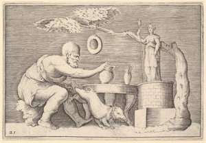 Ein Faun oder Satyr bereitet ein Schwein für das Opfer vor, veröffentlicht ca. 1599-1622 von Unbekannt
