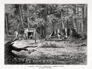 Ein Bergbau-Camp an einem nordwestamerikanischen Fluss, 1877 von Unbekannt