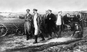 Ein Gemälde von K. Finogenov von J. V. Stalin, G. K. Ordjonikidze, M. I. Kalinin, L. M. Kaganovich und A. A. Zhdanov auf dem Versuchsfeld des Auto-Traktor-Instituts von Unbekannt