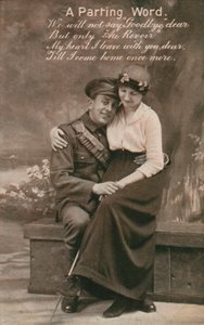 Ein Abschiedswort, romantische Postkarte mit einem Soldaten und seiner Geliebten