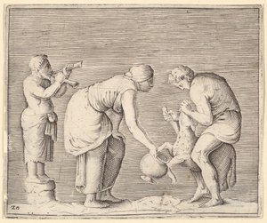 Eine Frau sammelt Blut von einem Schaf, veröffentlicht ca. 1599-1622