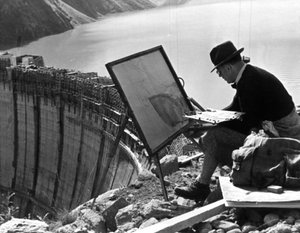 Ein Künstler aus Linz malt den Limberg-Damm, Österreich, ca. 1947-1951