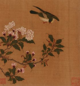 Ein Vogel schwebt über blühenden Zweigen
