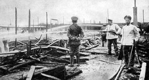 Ein durch Feuer beschädigtes Gefangenenlager in Deutschland, Erster Weltkrieg, 1915