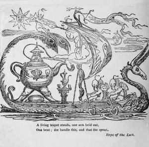 Eine lebende Teekanne steht, ein Arm ausgestreckt, einer gebeugt, der Griff dies, und das der Ausguss, ca. 1820